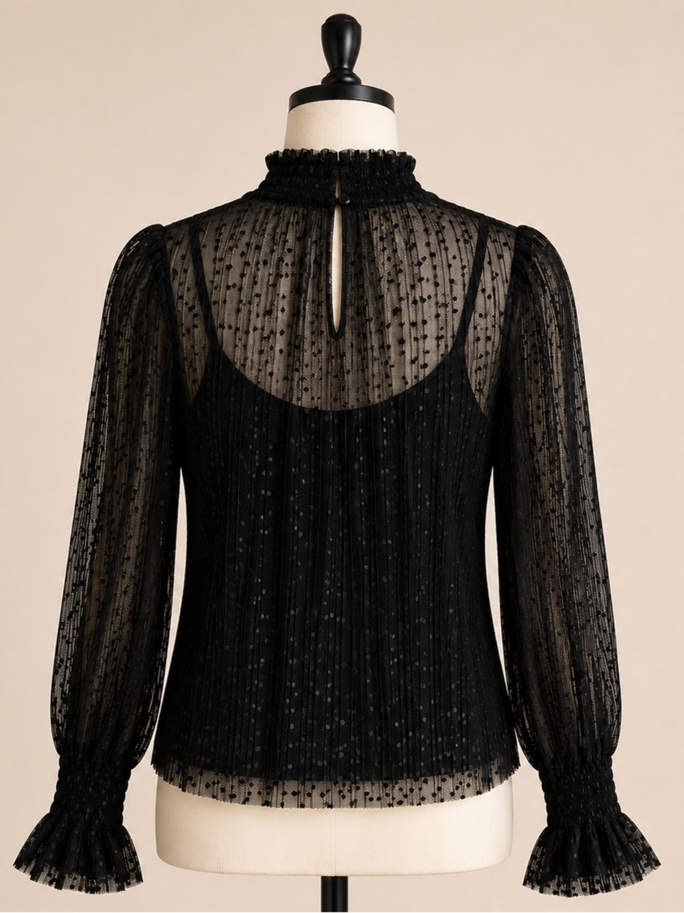 1. STATE Black Swiss Dot Pleated Sheer Mock Neck Blouse Size S - Picture 7 of 17